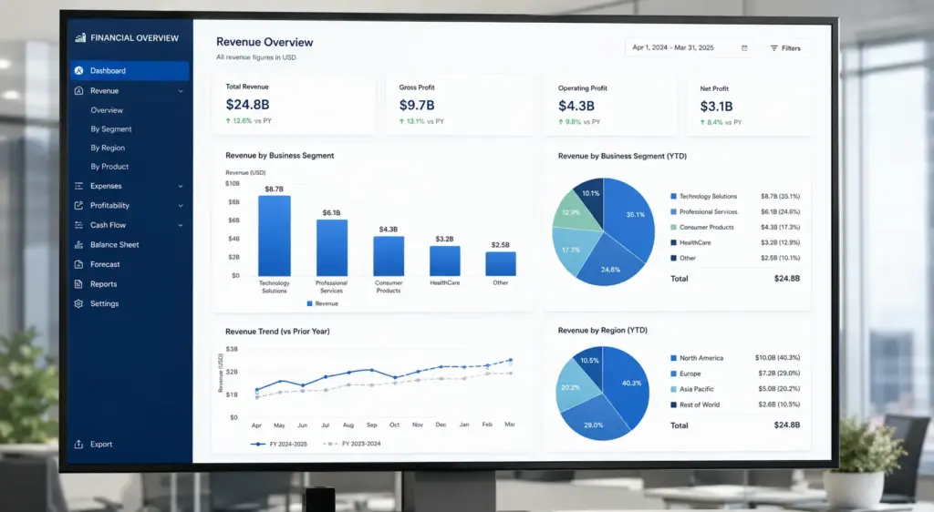 Ultra-realistic financial dashboard displayed on a large monitor featuring revenue segment charts, bar graphs, pie charts, and business analytics in a modern corporate office environment.