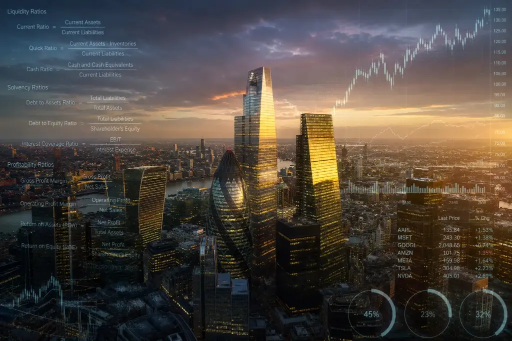Ultra-realistic aerial view of a modern financial district at dusk with illuminated glass skyscrapers, golden reflections, and translucent stock charts and financial ratio formulas overlayed in a cinematic HUD style.