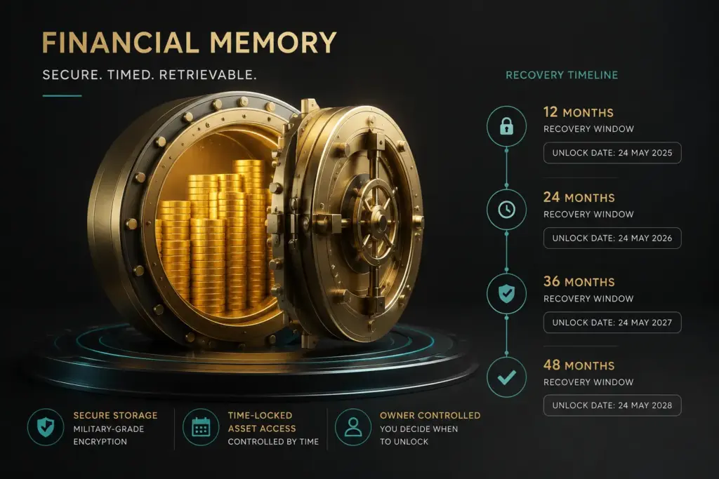 Ultra-realistic financial memory concept illustration featuring golden coins secured inside a glowing vault with a recovery timeline on a dark charcoal background and teal futuristic accents.