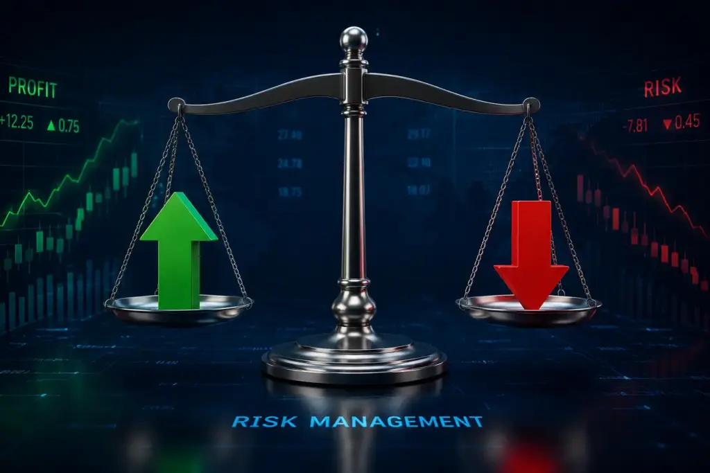 Ultrarealistic 3D render of a financial risk management concept showing a balanced scale with green profit arrow and red risk arrow on a dark blue background with glowing market data lines