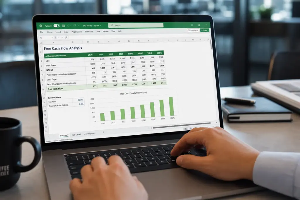 Financial analyst typing on laptop showing Excel spreadsheet with free cash flow calculations and upward trending bar chart