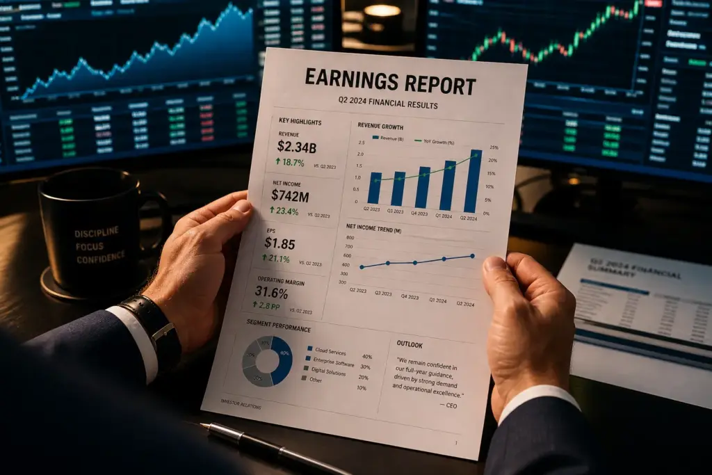 Investor reviewing printed earnings report with financial charts at a dual-monitor trading desk showing live stock market data.