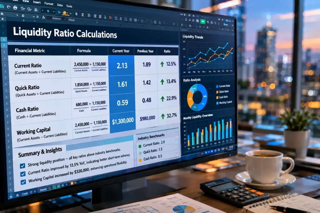 Close-up of a financial spreadsheet on a computer screen showing liquidity ratio calculations in a modern office with a blurred city skyline background.