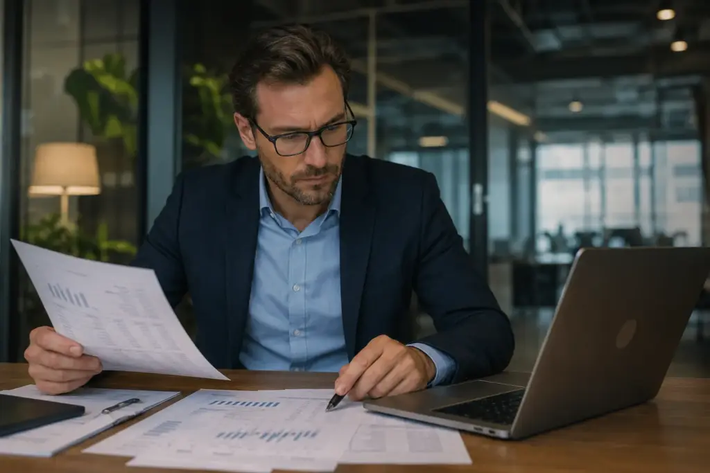 Professional financial analyst reviewing printed earnings reports and financial statements at a modern office desk with laptop and warm lighting.