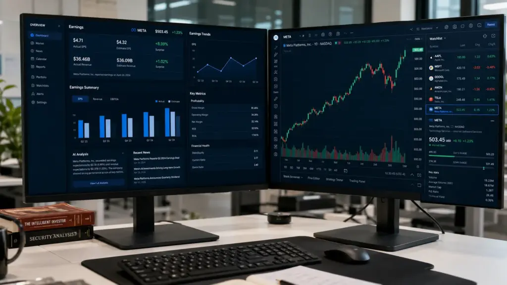Ultrarealistic wide-format photo of a professional investor’s desk with dual monitors displaying stock earnings dashboards, candlestick charts, and financial market data in a modern office setting.