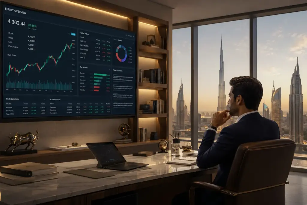 Professional investor in a modern Dubai office analyzing financial charts and equity reports on a large screen with warm ambient lighting