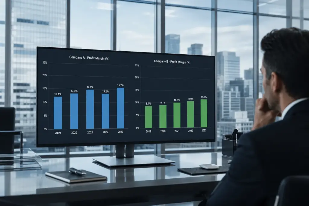 Ultrarealistic digital screen displaying side-by-side bar charts comparing profit margin percentages of two companies, viewed by a professional investor in a modern glass-walled office with city skyline background.