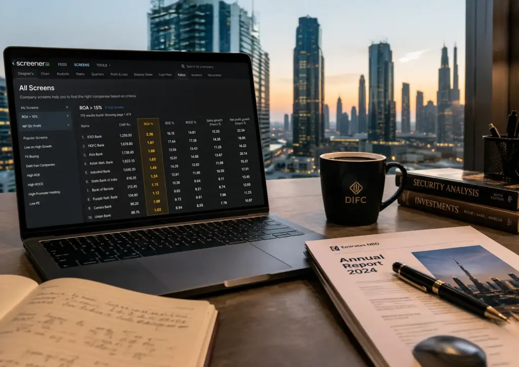 Ultrarealistic flat-lay of a Dubai financial analyst desk with laptop displaying stock screening dashboard and ROA figures, annual report, black coffee, and skyline view at dusk.