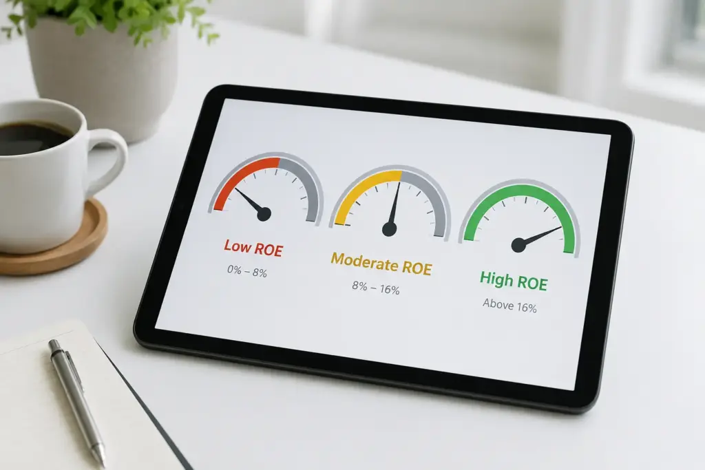 Ultra-realistic infographic on a digital tablet showing Low ROE, Moderate ROE, and High ROE gauge meters on a minimalist white office desk with coffee and soft natural lighting.