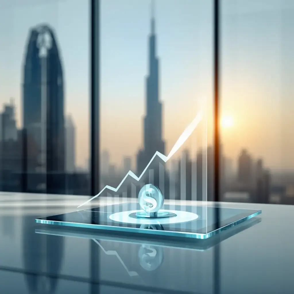 Modern financial advisor's desk in Dubai office with holographic inflation chart on glass tablet and Burj Khalifa skyline view