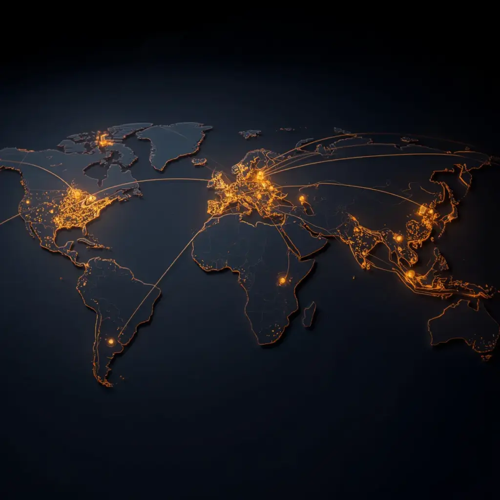 Ultrarealistic 3D world map showing illuminated financial network connections between London, Frankfurt, and Washington D.C. with glowing gold lines on dark navy background