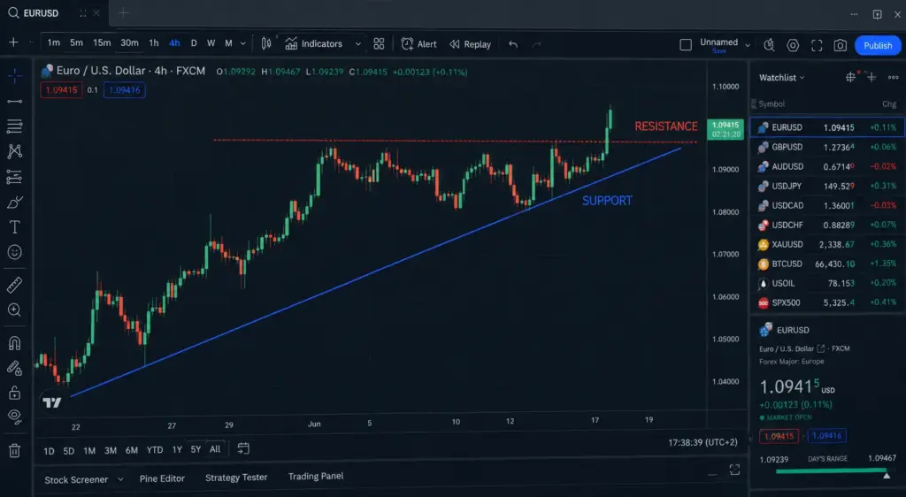 Close-up of a financial trading chart on a high-resolution monitor displaying an ascending triangle breakout pattern with blue support trendline, red resistance level, and a strong green breakout candlestick on a dark trading terminal interface.
