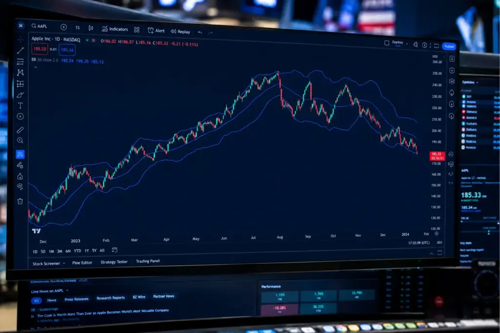 Ultra-realistic stock trading monitor displaying a candlestick chart with Bollinger Bands indicator, green and red price bars, and a professional financial trading workstation.