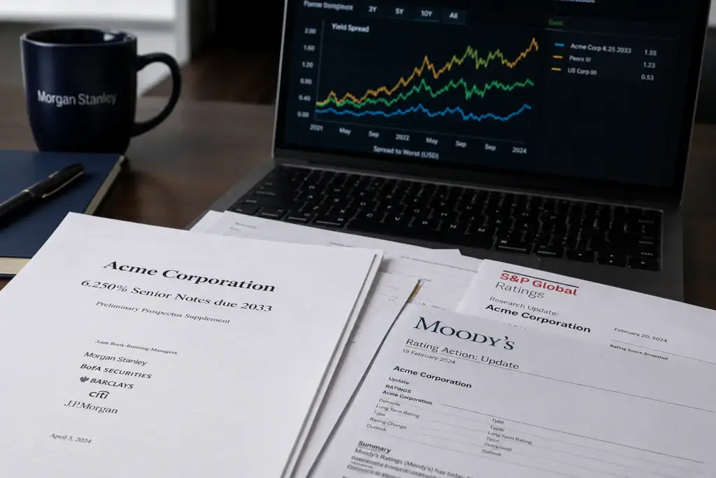 Financial analyst desk with bond prospectuses, credit rating reports, and a laptop displaying yield spread charts for corporate bond analysis.