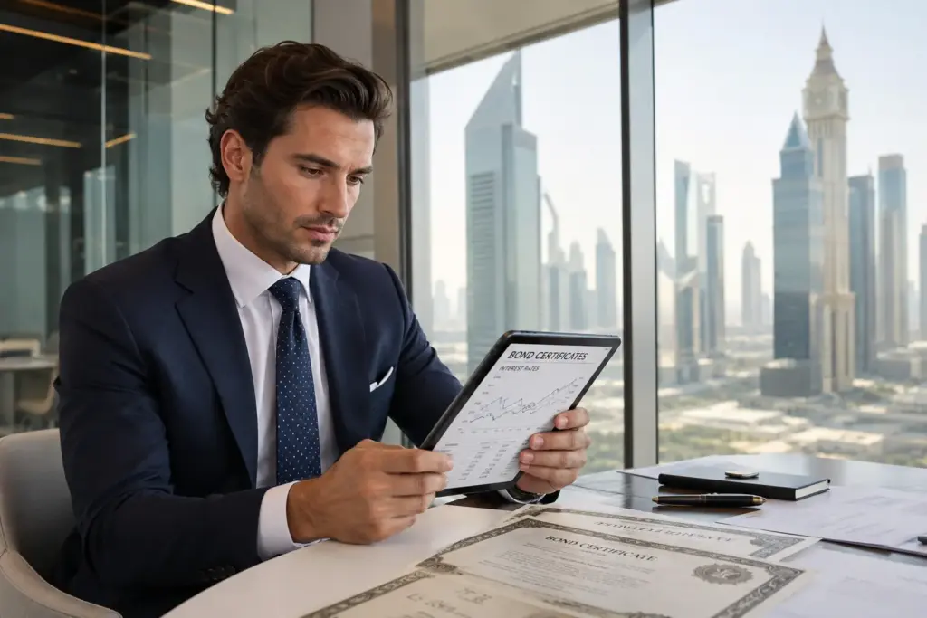 Financial analyst reviewing bond investment documents and interest rate charts on a tablet in a modern Dubai office with DIFC skyline in the background.