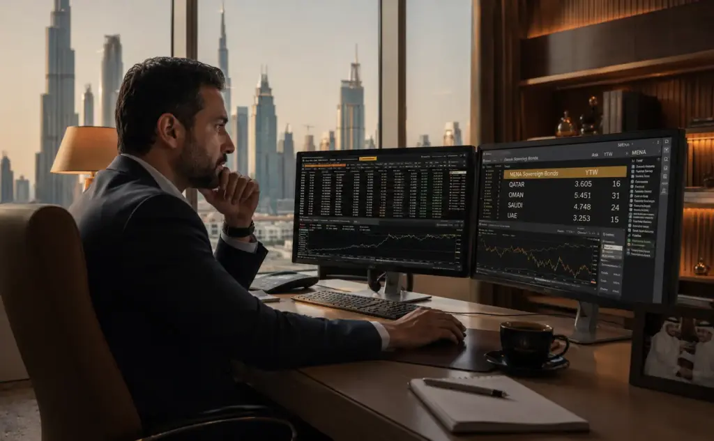 Professional investor analyzing bond market data on dual monitors in a modern Dubai financial district office with warm ambient lighting.