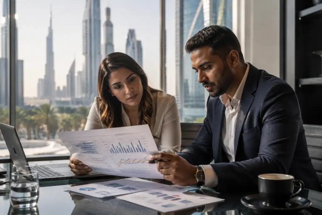 Two finance professionals reviewing a bond yield comparison chart at a glass conference table in a DIFC office, with the Dubai skyline visible through floor-to-ceiling windows.