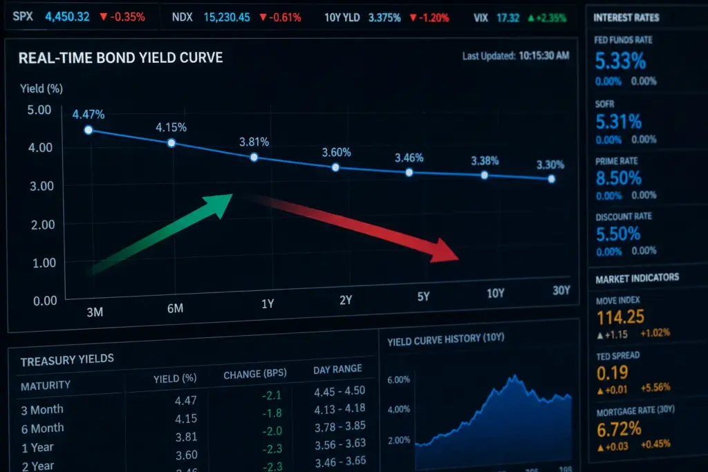 Real-time bond yield curve displayed on a digital financial dashboard with glowing interest rate indicators, upward and downward arrows, and professional fintech data visualization on a dark background.