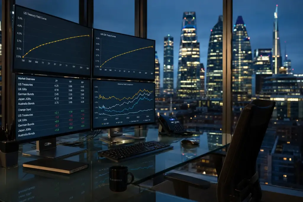 Modern financial trading desk with multiple monitors displaying bond yield curves, interest rate charts, and fixed income market data against a city skyline at dusk.