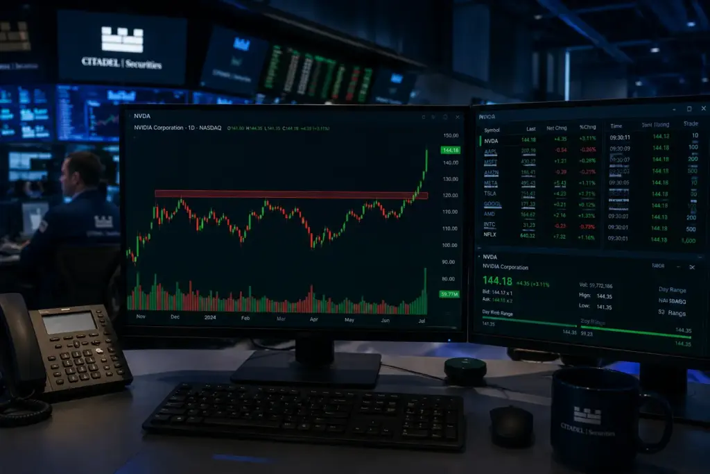 Ultra-realistic financial trading desk with dual monitors displaying a candlestick chart showing a breakout above a resistance level, highlighted by a strong green bullish candle and increased trading volume in a professional trading room.