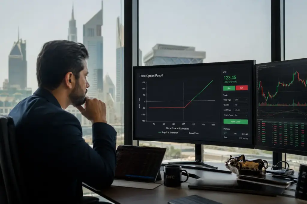 Professional trader analyzing a call option payoff chart on multiple monitors in a modern Dubai office overlooking the DIFC skyline with live stock market data and bullish price charts.