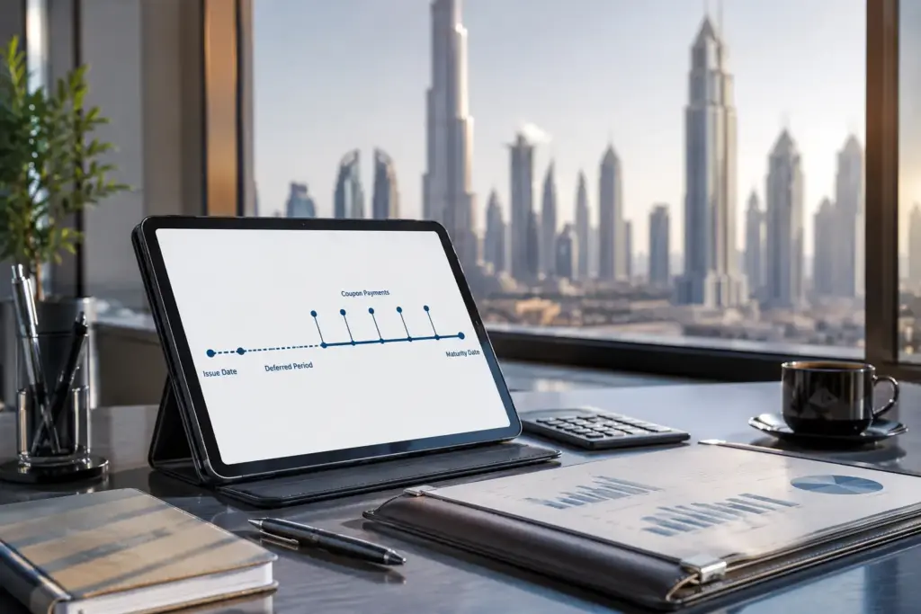 Modern financial advisor desk in a Dubai office featuring a tablet displaying a deferred coupon bond payment timeline, with the Dubai skyline visible through large windows and professional financial planning materials on the desk.