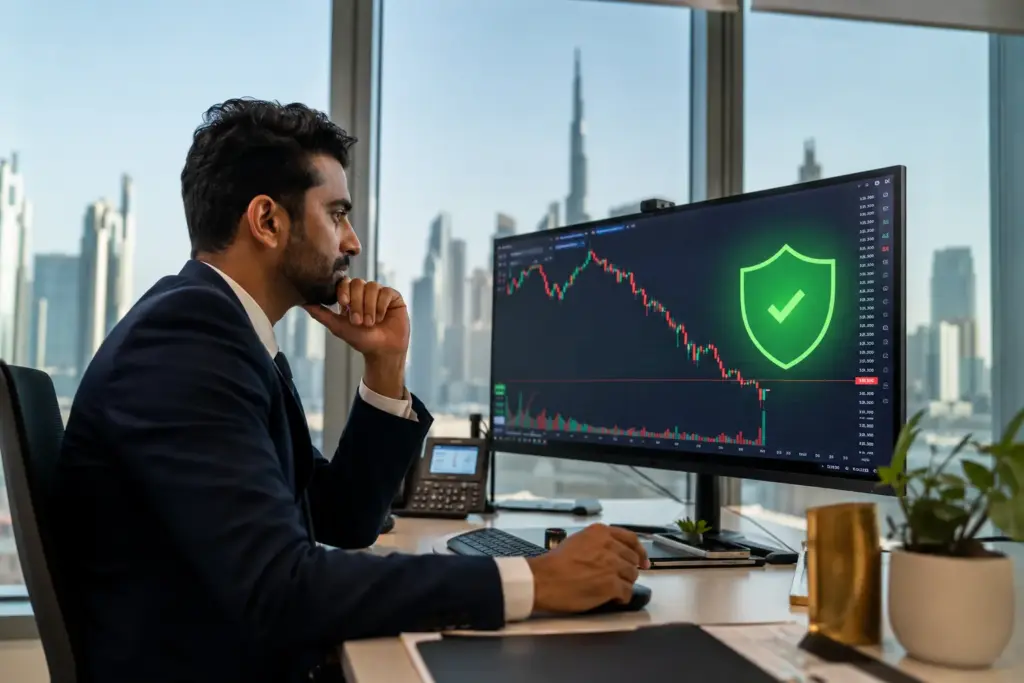 Financial analyst in a Dubai office analyzing a falling stock market chart with a protective shield symbol representing downside protection through options trading strategies.