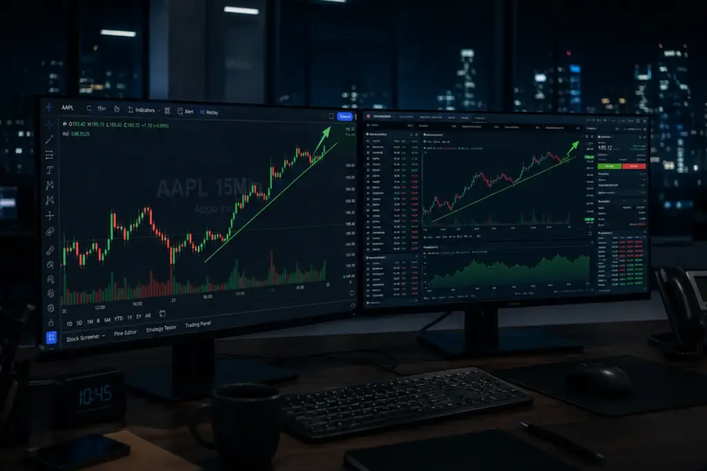 Ultrarealistic dual monitor trading desk setup in a modern financial office at night, displaying candlestick charts, strong upward momentum arrows, rising green trend lines, and dark blue ambient lighting.