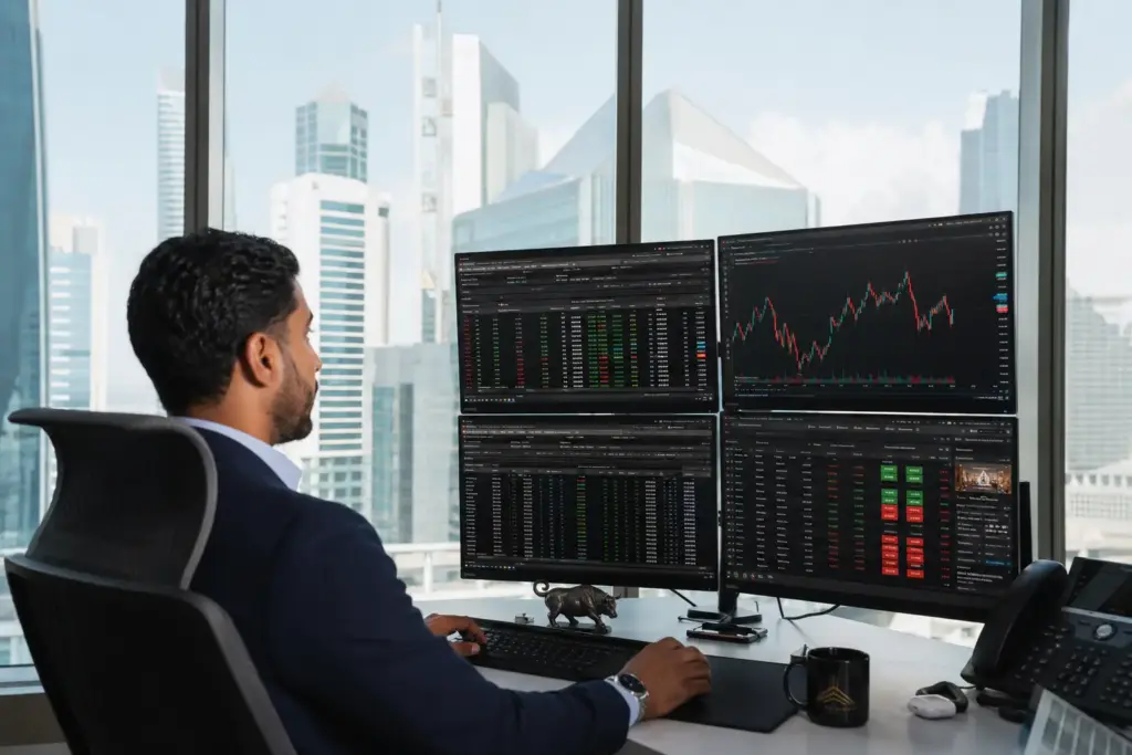 Professional financial trader analyzing options chain data and candlestick charts on multiple monitors in a modern DIFC Dubai office with skyline views.