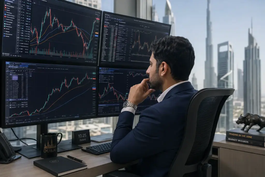 Professional male trader in a modern Dubai financial district office analyzing candlestick charts with blue and orange moving average indicators across multiple trading screens.