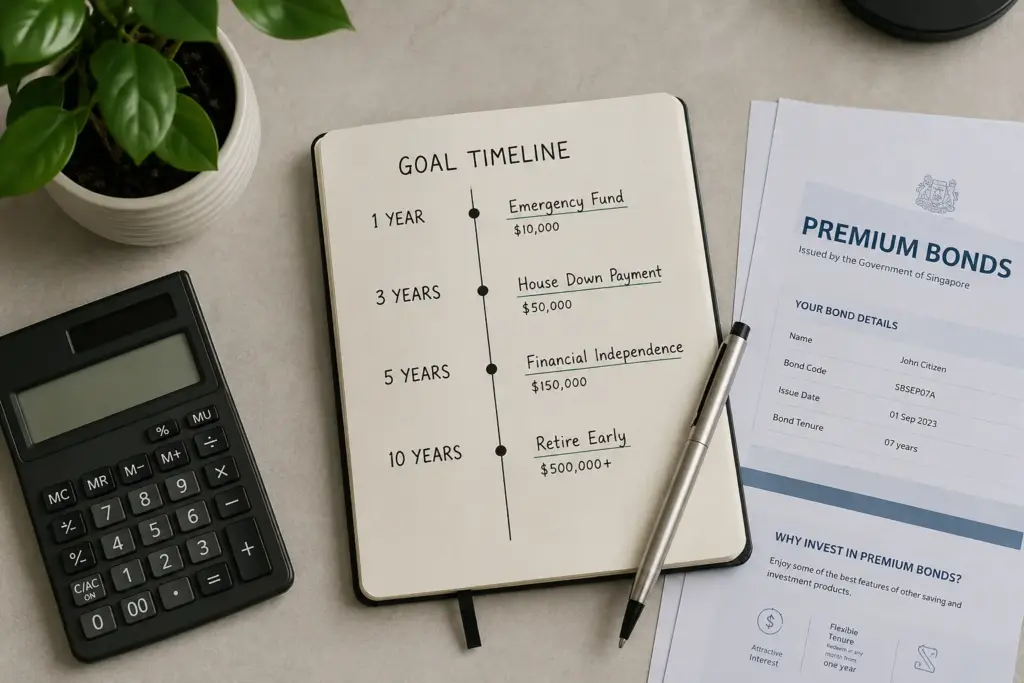 Overhead view of a financial planning workspace featuring a goal timeline notebook, calculator, potted plant, and bond investment documents on a light grey desk with warm lighting.