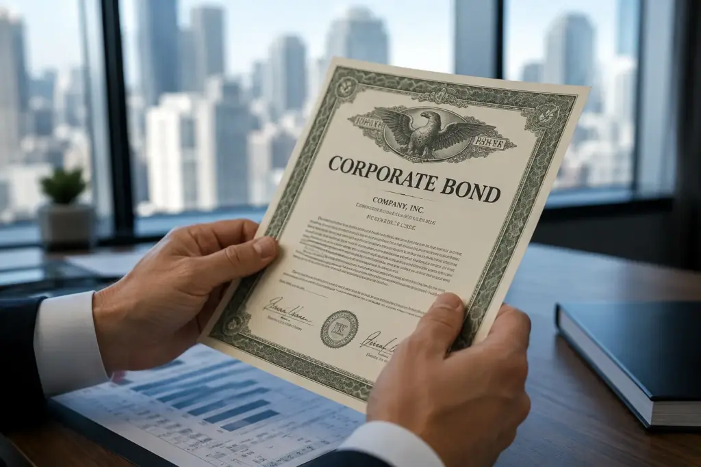 Financial professional holding a bond document in a modern office with a blurred city skyline in the background, symbolizing fixed-income investments, financial stability, and institutional credibility.