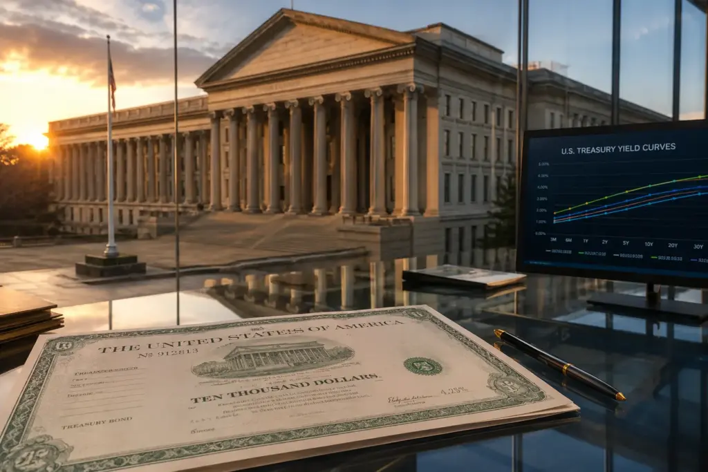 Ultra-realistic government financial building with classical columns at sunset, featuring a bond certificate, pen, and digital yield curve display on a glass desk.