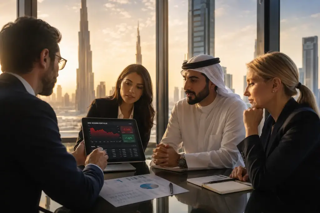 Diverse institutional investors reviewing a risk hedging portfolio dashboard during a financial strategy meeting in a Dubai office overlooking the skyline at golden hour.