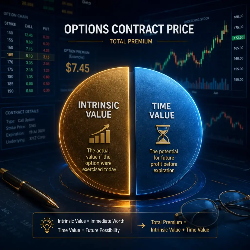 Ultrarealistic financial infographic illustrating an options contract premium split into intrinsic value and time value with stock charts, option chain data, and a dark navy trading background.