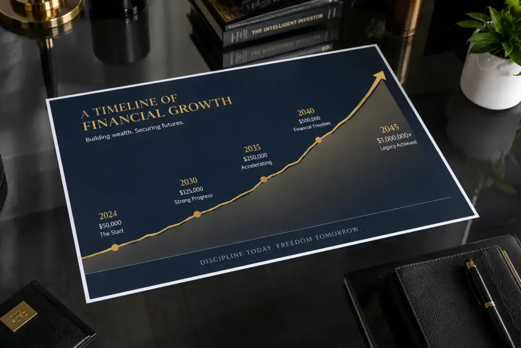 Ultrarealistic financial growth timeline displayed on a sleek glass desk, featuring an upward arrow symbolizing long-term investment growth and wealth accumulation in a professional blue and gold corporate setting.