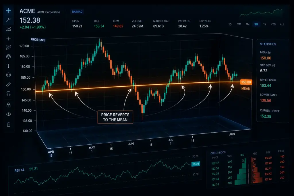 3D financial trading chart illustrating a mean reversion strategy, with stock prices oscillating around a glowing average line and arrows indicating price movement back toward the mean on a dark professional trading terminal background.