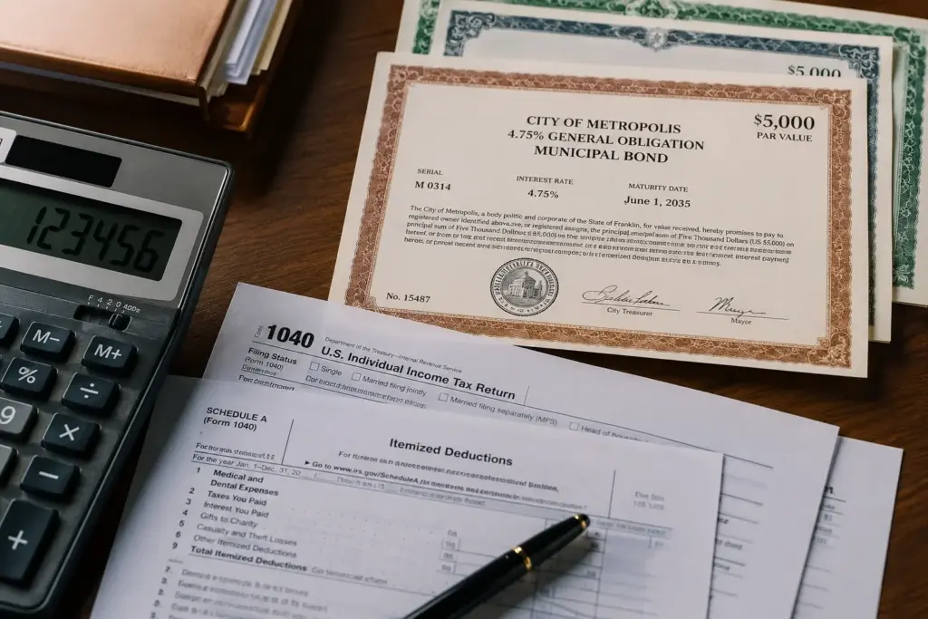 Ultrarealistic flat-lay of tax documents, calculator, pen, and municipal bond certificates on a wooden desk, representing tax-efficient investing, financial planning, and municipal bond tax strategies.