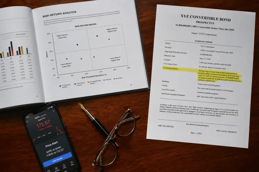 Overhead view of a financial analysis report featuring a risk-return matrix, bond prospectus with highlighted conversion terms, smartphone stock price alert, fountain pen, and reading glasses on a polished walnut boardroom table.