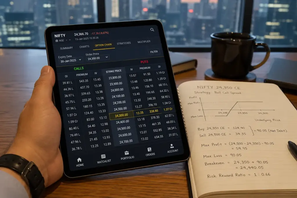 options chain analysis tablet profit loss calculation trading desk
