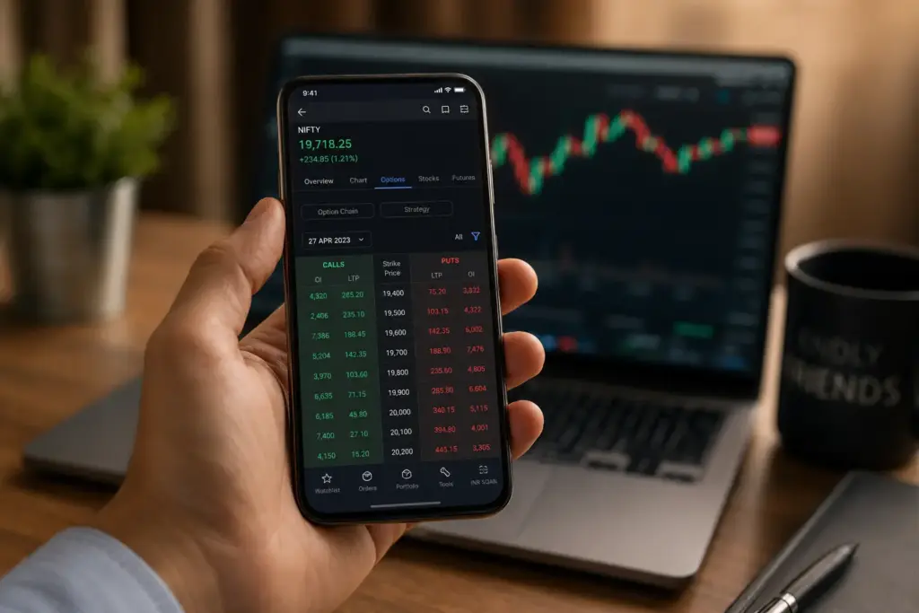 Close-up of a hand holding a smartphone displaying an options chain trading app with color-coded call and put options, while a laptop with candlestick stock charts is blurred in the background in a professional trading workspace.
