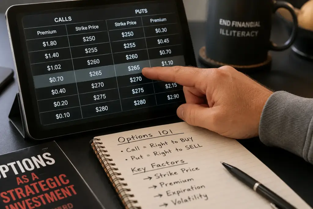 Hand pointing at an options trading strike price and premium table on a tablet screen, with a notebook and pen on an office desk, illustrating options trading education and market analysis.