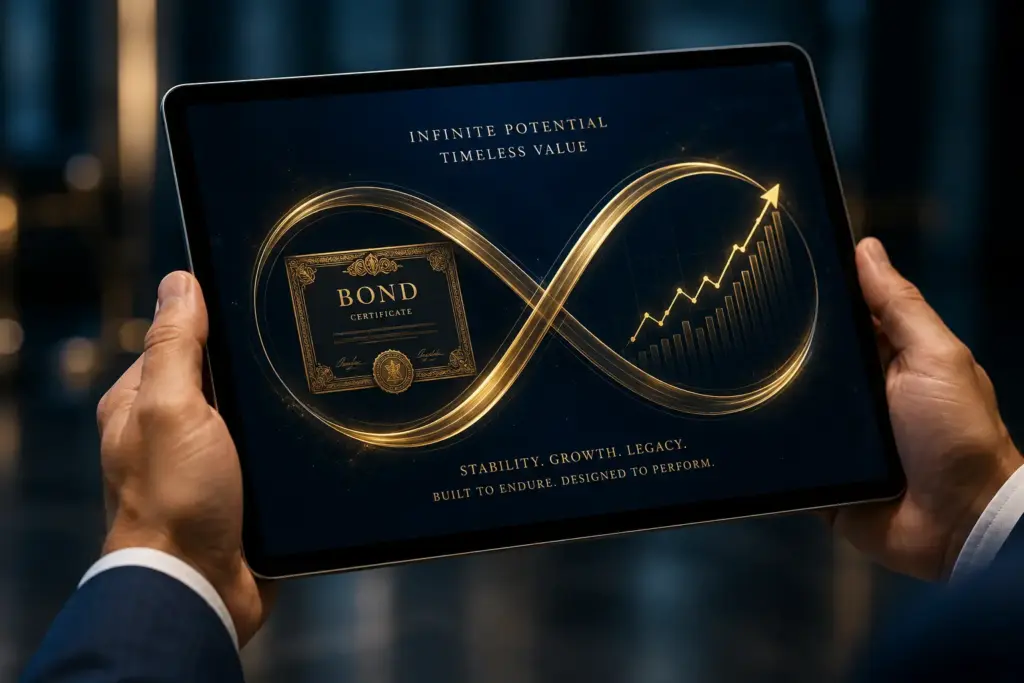 Businessperson holding a tablet displaying a glowing infinity symbol, bond certificate icon, and rising financial graph in dark navy and gold tones, representing perpetual bonds and long-term investment growth.