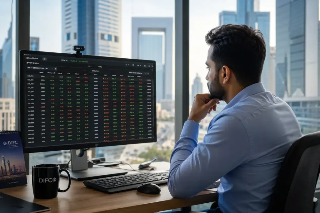 Professional trader analyzing a stock options chain on a large monitor in a modern DIFC Dubai office with the city skyline visible through floor-to-ceiling windows.