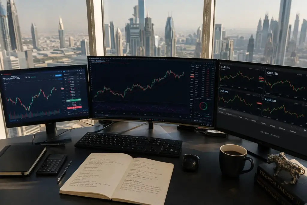 Ultrarealistic aerial view of a professional trader’s desk with multiple monitors displaying oil futures, forex, and equity index charts, trading notes, black coffee, and Dubai financial district skyline in the background.
