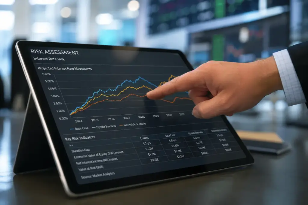 Close-up of a financial professional pointing at a risk assessment chart with fluctuating interest rate curves on a tablet in a modern trading office environment.