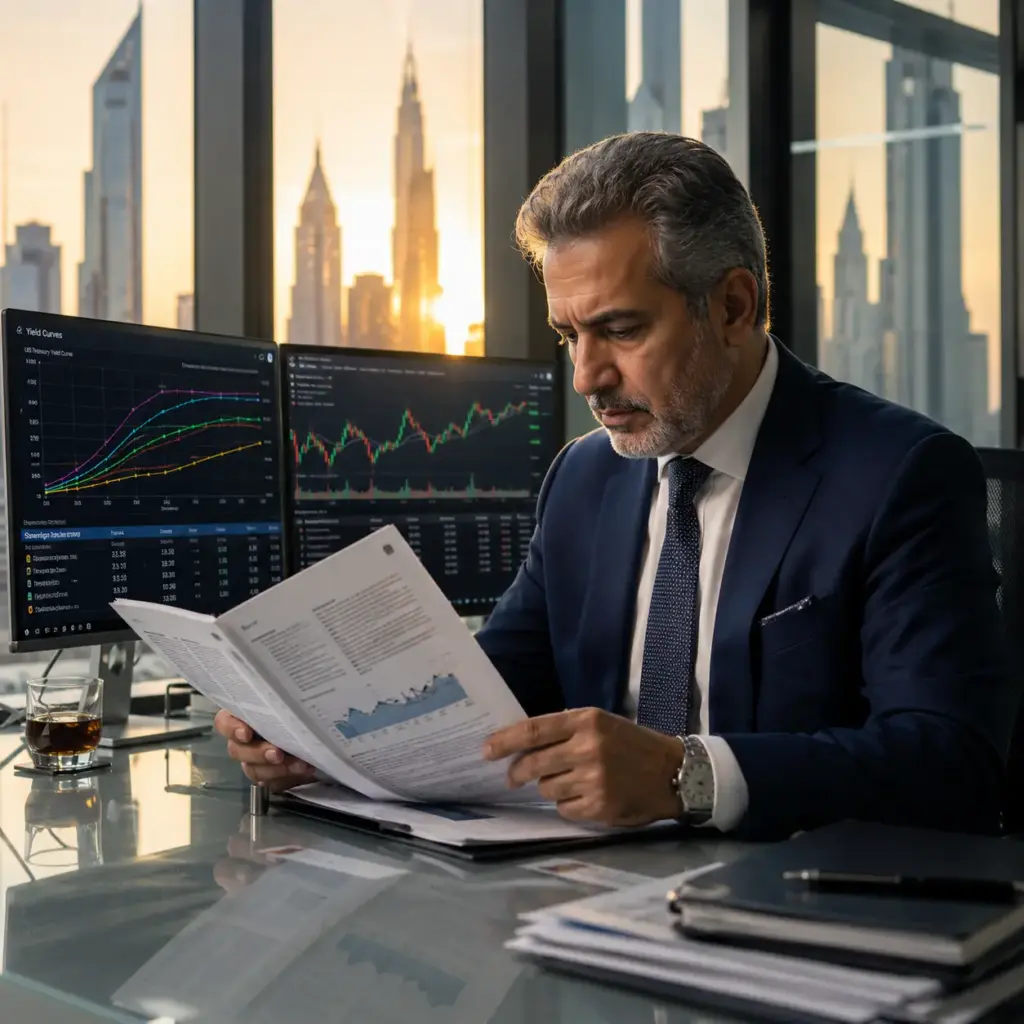 Senior financial analyst reviewing a bond prospectus and financial market charts in a modern Dubai DIFC office during golden hour.