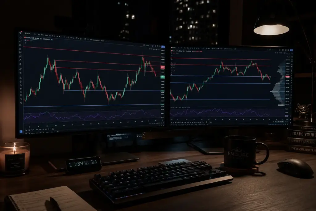 Ultra-realistic nighttime trading workspace featuring dual monitors with candlestick charts, blue support lines, red resistance levels, dark ambient lighting, keyboard, and coffee mug on a professional trader's desk.