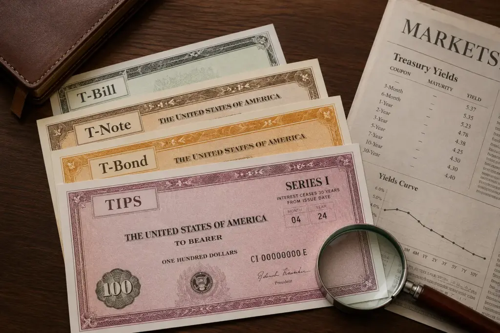 Ultrarealistic flat-lay of T-Bill, T-Note, T-Bond, and TIPS bond certificates arranged on a dark walnut desk with a magnifying glass and financial newspaper displaying yield tables.