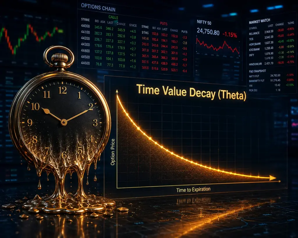 Ultra-realistic 3D visualization of Time Value Decay (Theta) in options trading, featuring a melting countdown clock beside a downward-sloping decay curve on a dark navy financial dashboard with glowing gold charts and options chain screens.